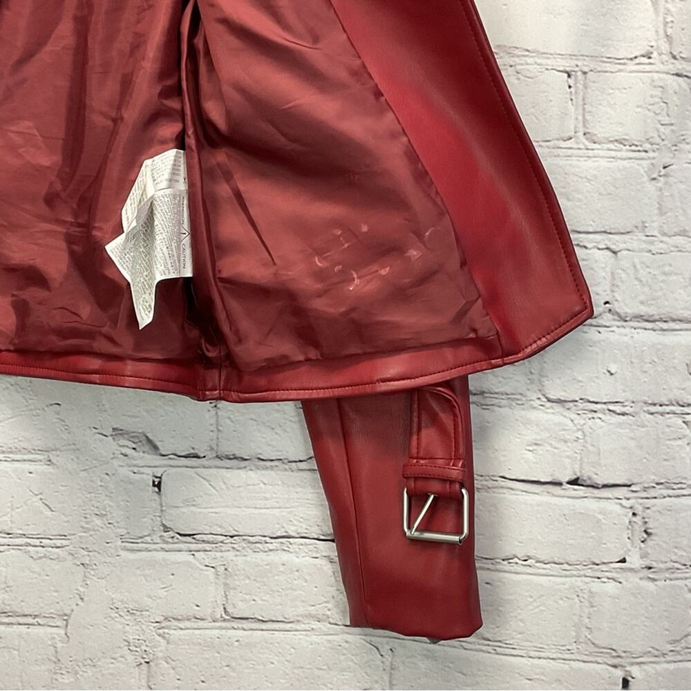 Zara Faux Leather Zip Moto Jacket Women's M Burgandy Belted Bikercore Pockets - Picture 9 of 9